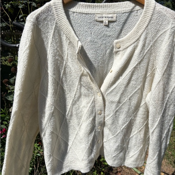 Lucky Brand Cream knit pointelle sweater Button-Up Cardigan size large - Picture 3 of 5